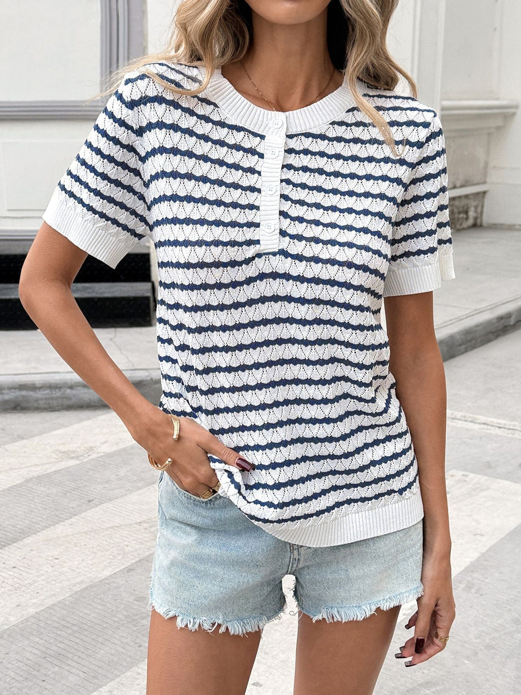Striped Button Detail Short Sleeve Knit Top