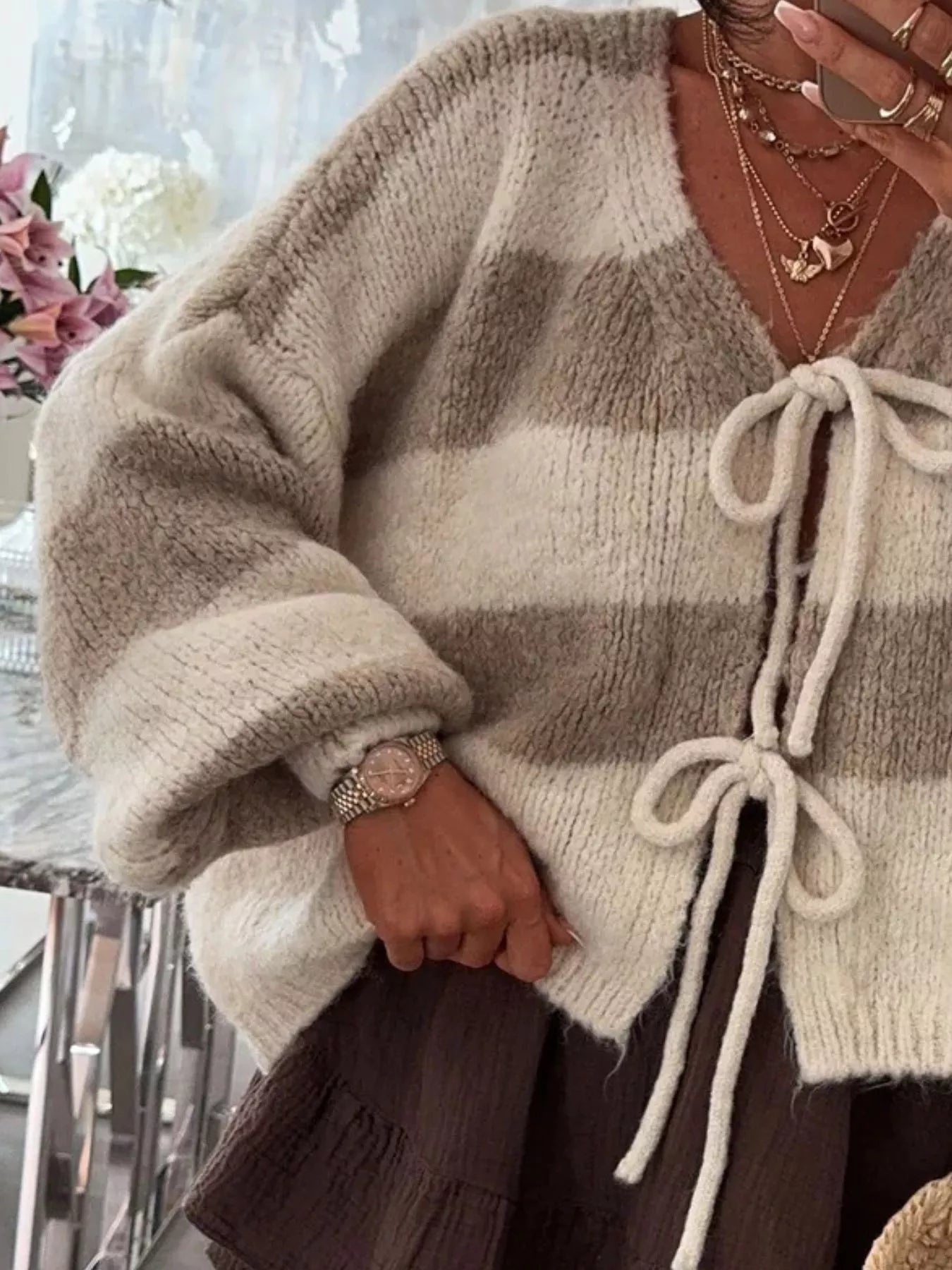 Striped Tie-Front Knit Cardigan