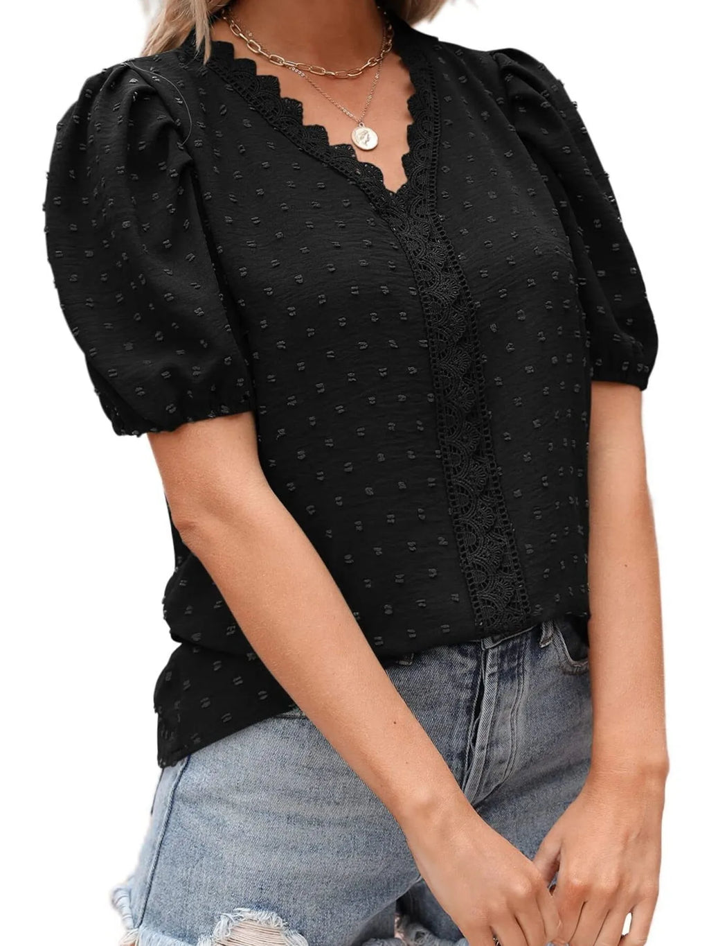 Puff Sleeve Swiss Dot Lace Trim Blouse