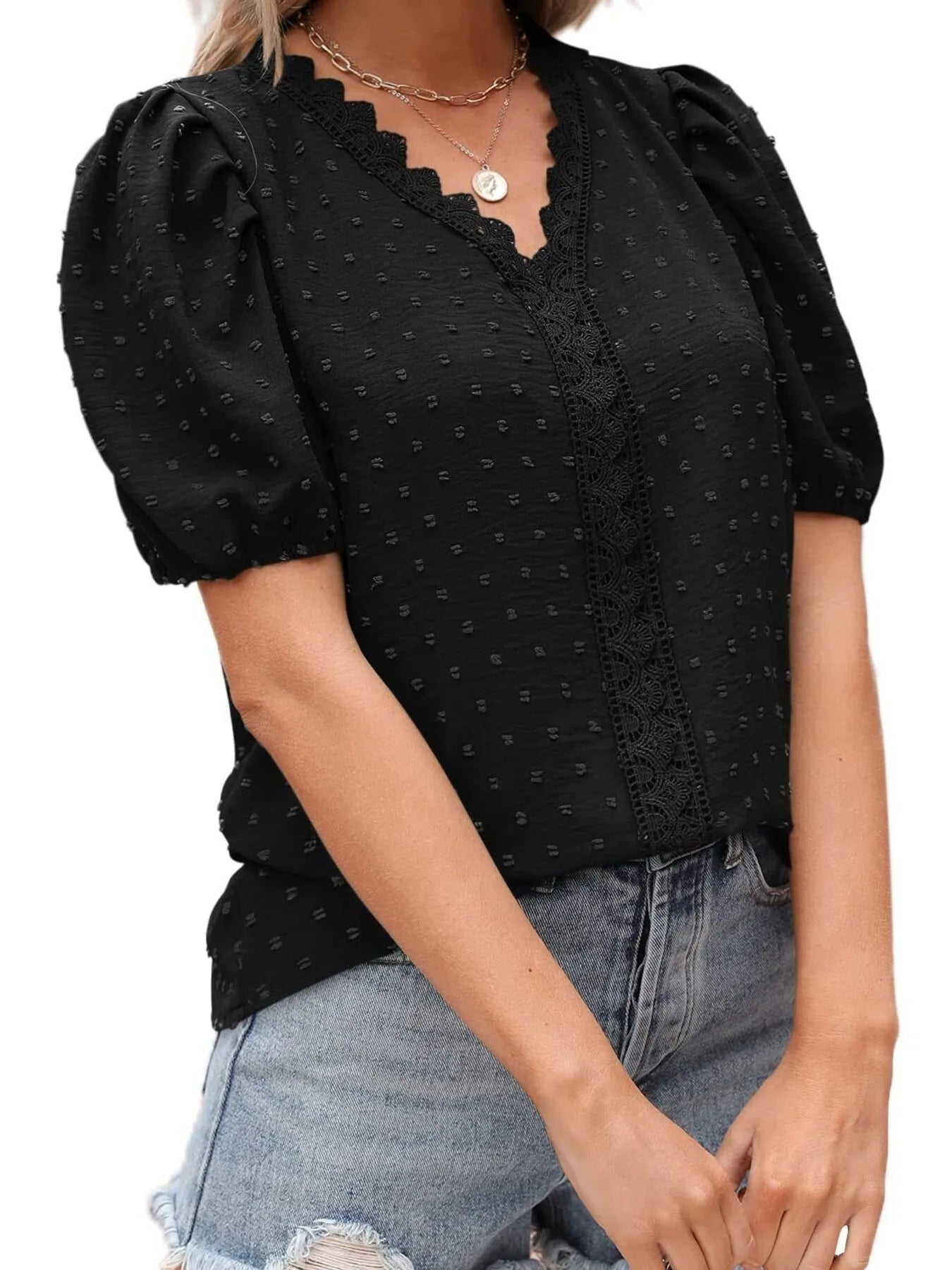 Puff Sleeve Swiss Dot Lace Trim Blouse