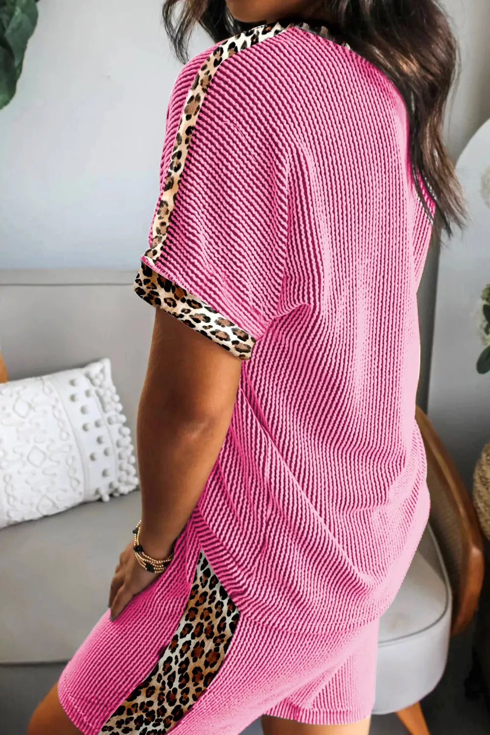 Leopard Trim Twist Ribbed Top and Shorts Set
