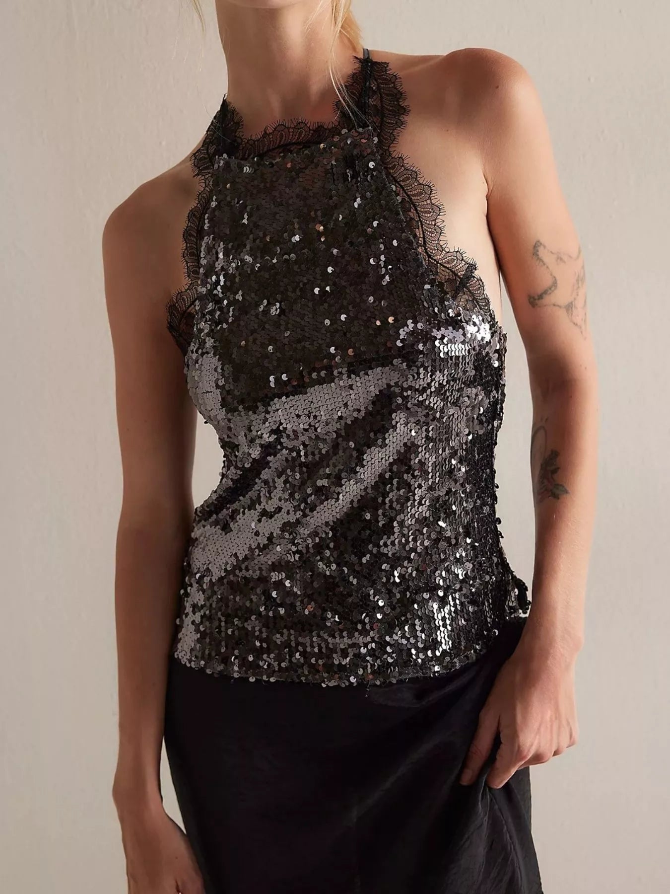 Sequin Lace Trim Halter Neck Cami