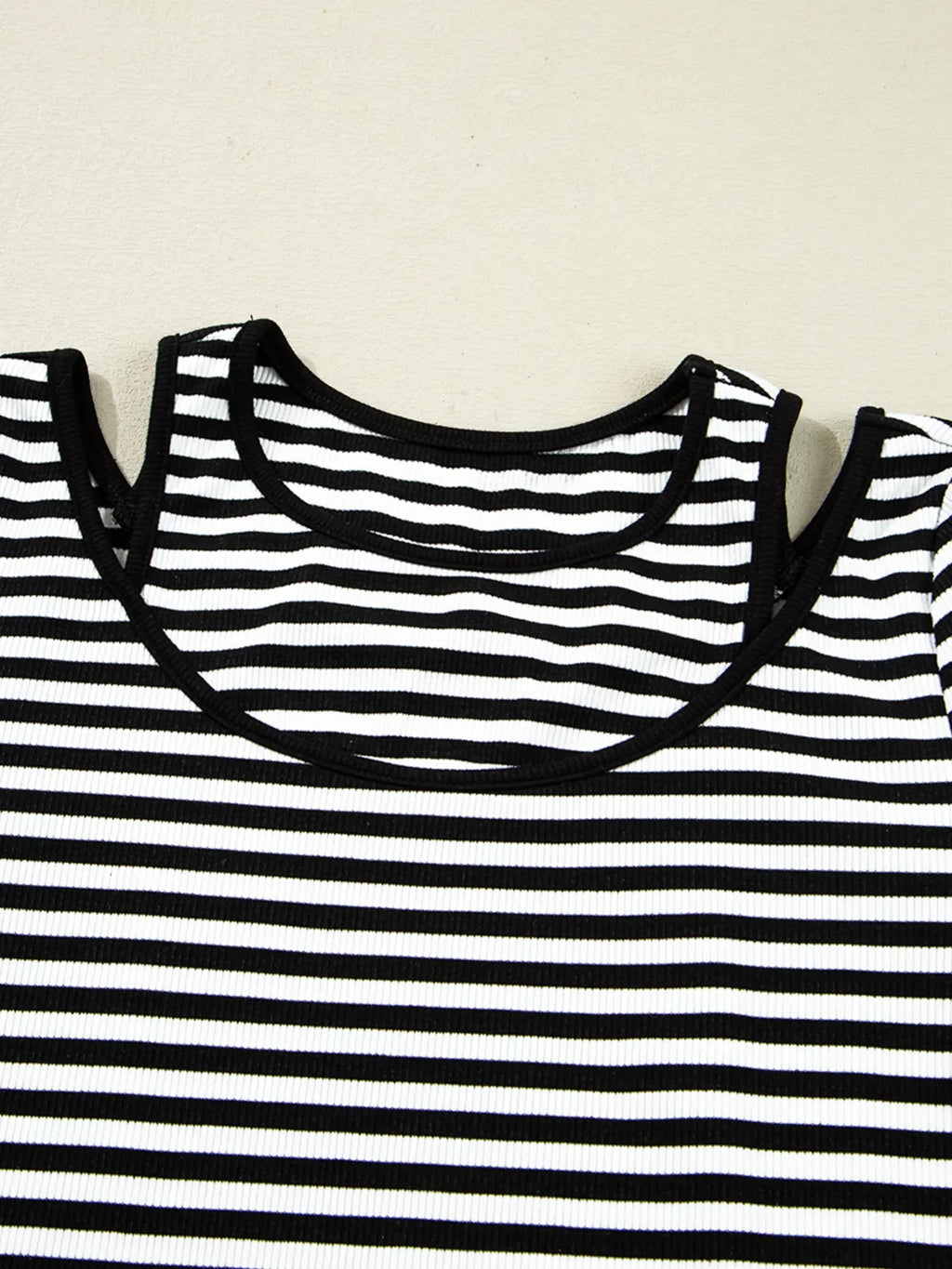 Stripe Double-layer Cold Shoulder Long Sleeve Top