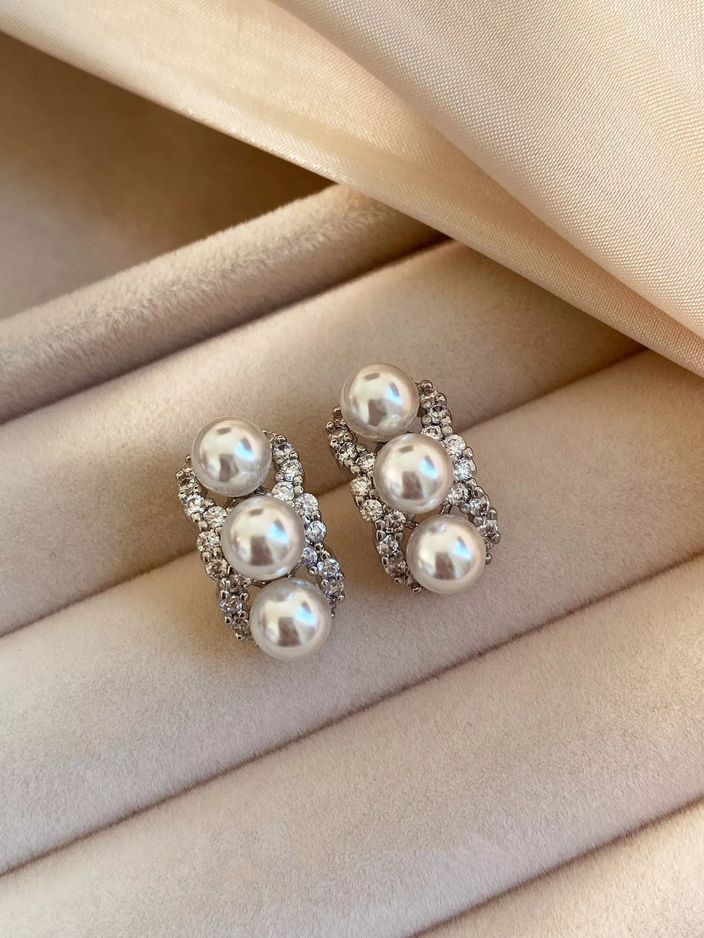 Zircon Triple Pearl Drop Earrings