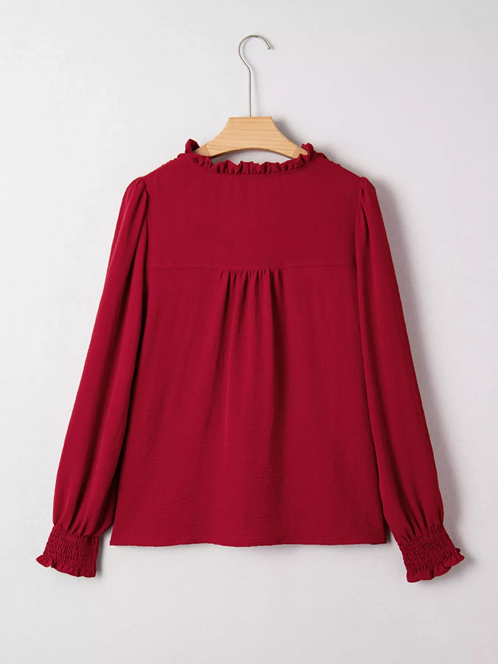 Notched Neck Shirred Cuff Long Sleeve Blouse