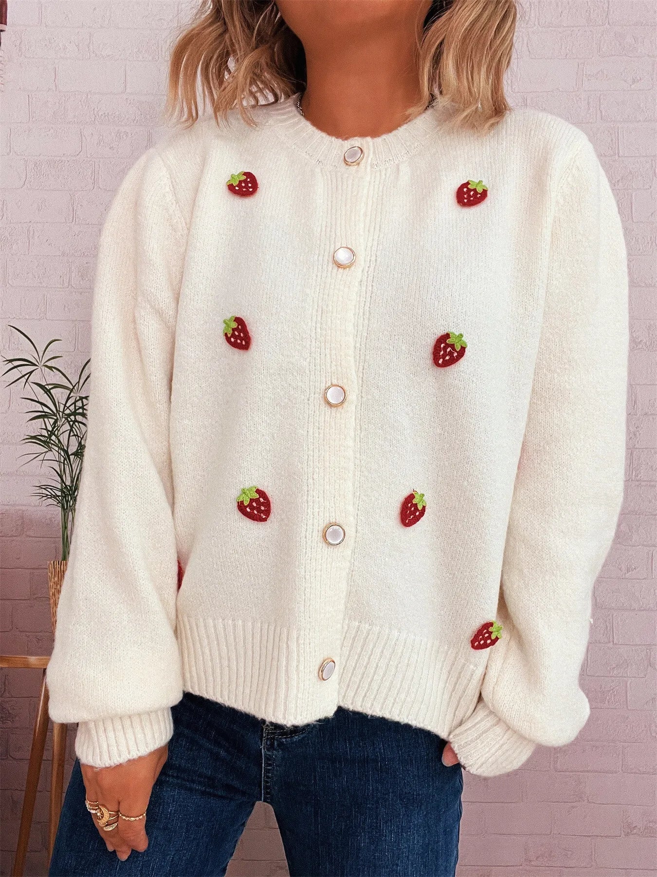 Strawberry Button Up Long Sleeve Cardigan