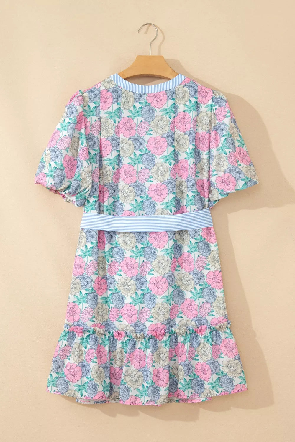 Floral Print Striped Contrast Trim Belted Short Dress