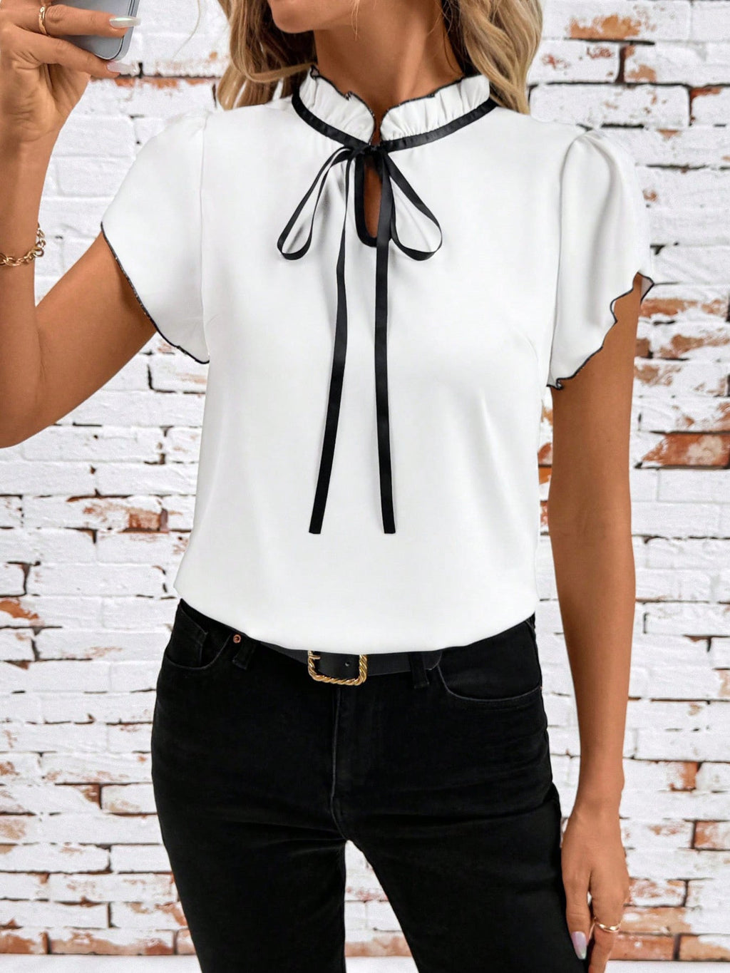 Tie Neck Short Sleeve Blouse