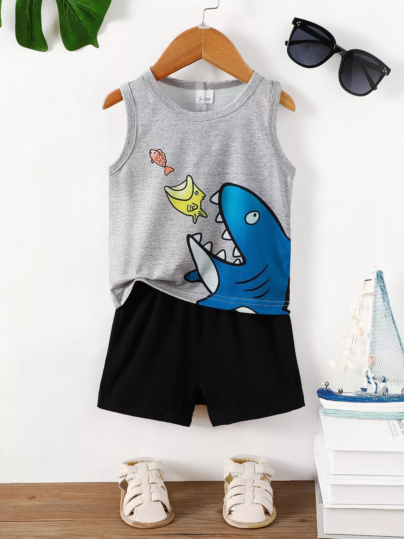 Children's Shark Graphic Tank Top & Shorts Set