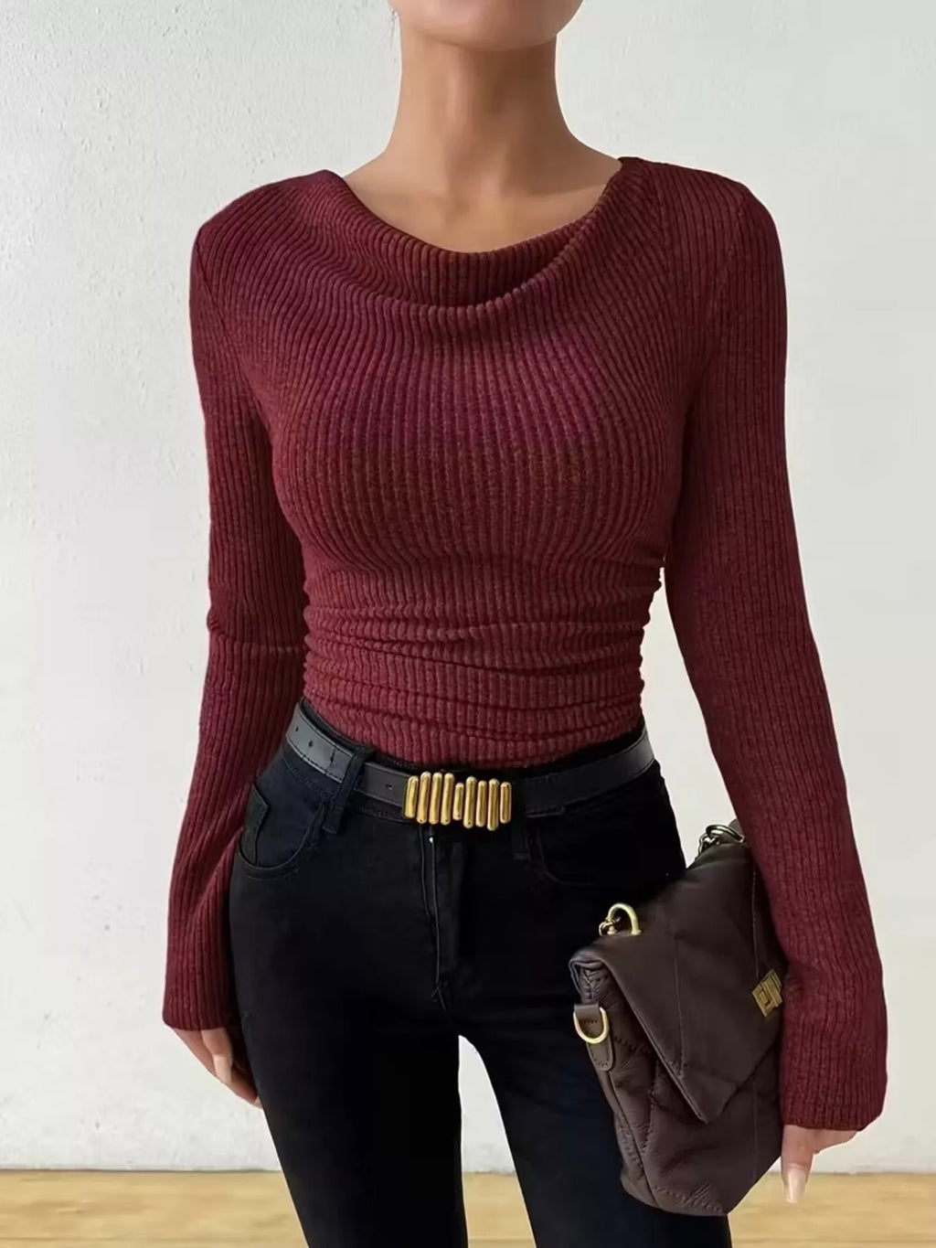 Cowl Neck Ribbed Long Sleeve Sweater