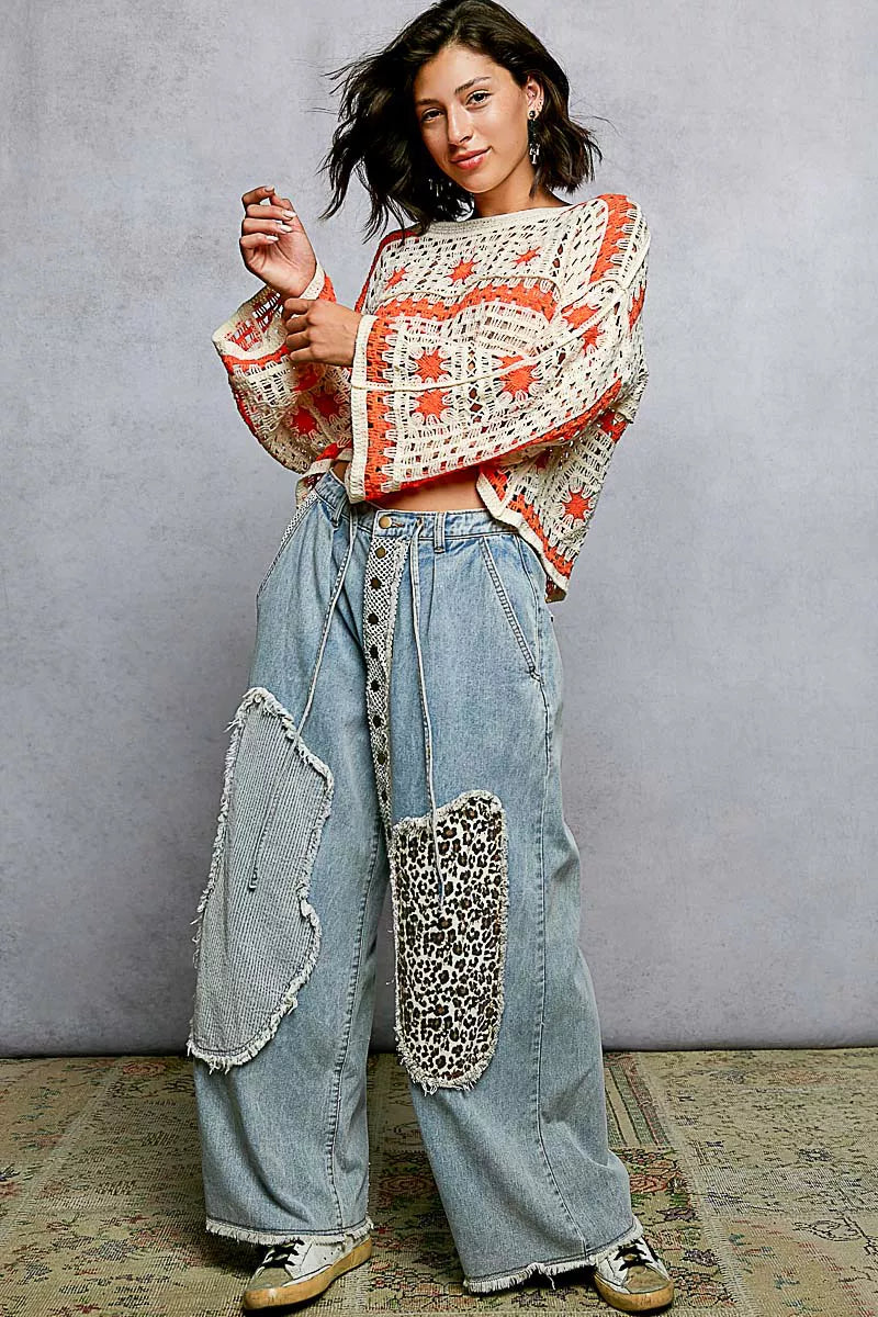 POL Boat Neck Long Sleeve Crochet Top with Granny Square Weaving