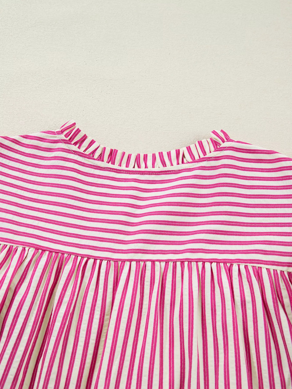 Stripe Shirred Yoke Ruffled Short Sleeve Blouse