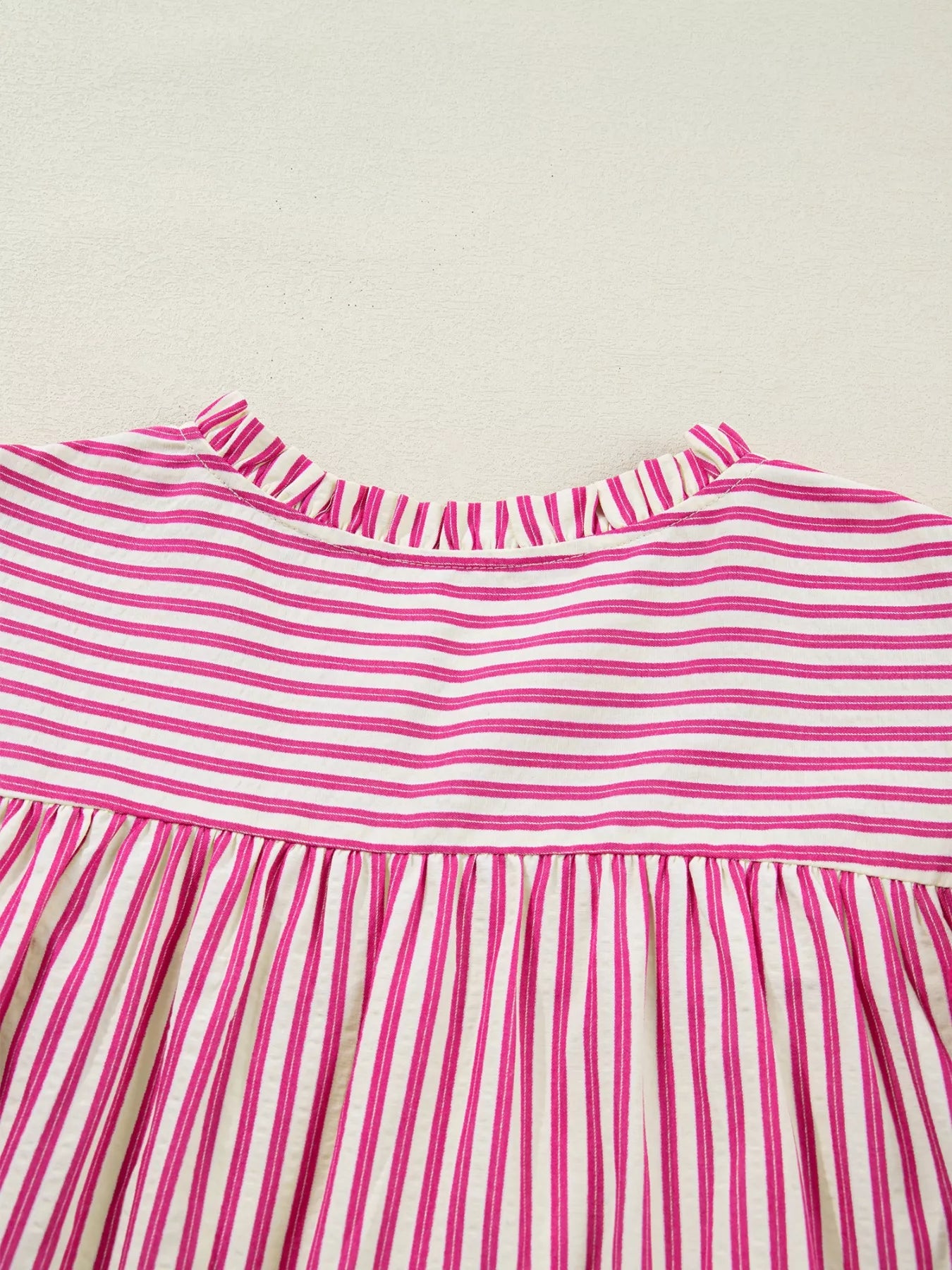 Stripe Shirred Yoke Ruffled Short Sleeve Blouse