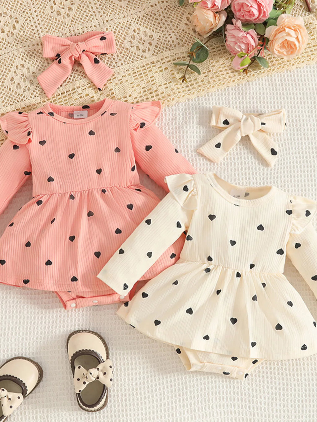 Children's Heart Print Ruffle Trim Bodysuit Dress with Headband