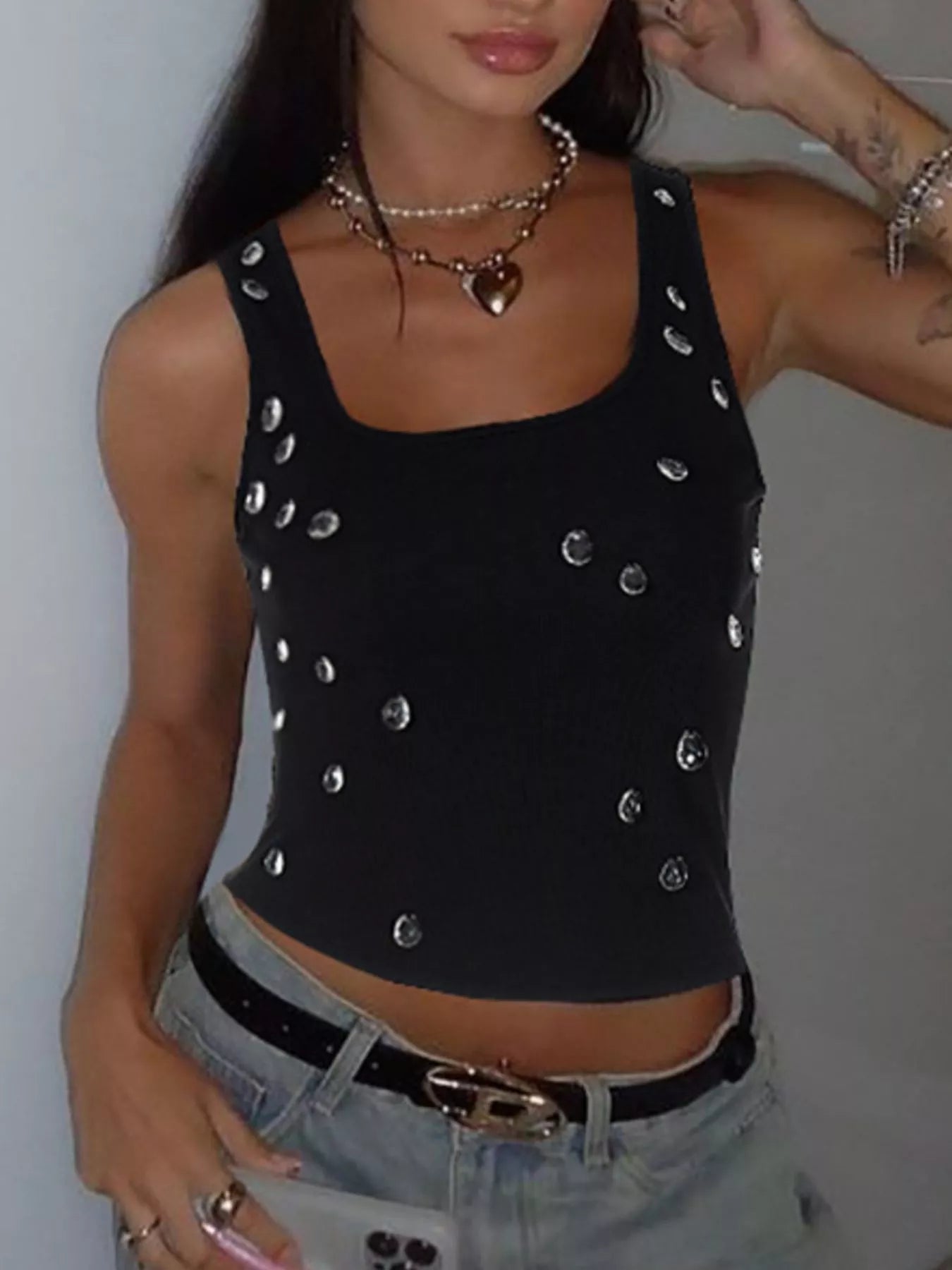 Bead Embellished Square Neck Tank