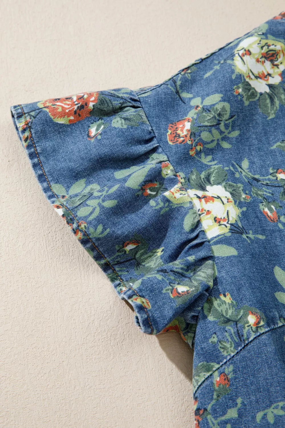 Ruffled Short Sleeve Floral Denim Top