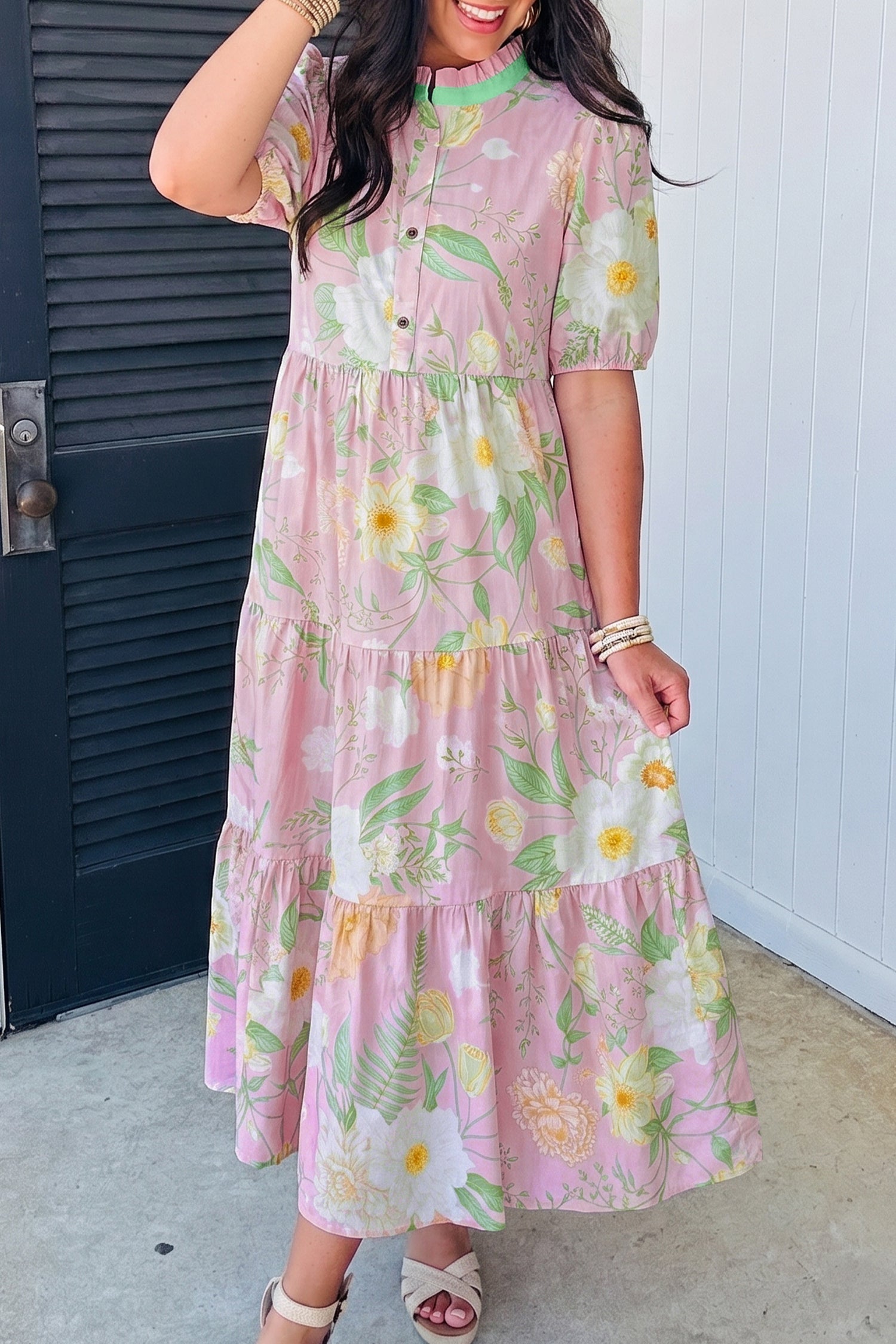 Floral Puff Sleeve Ruffle Tiered Maxi Dress