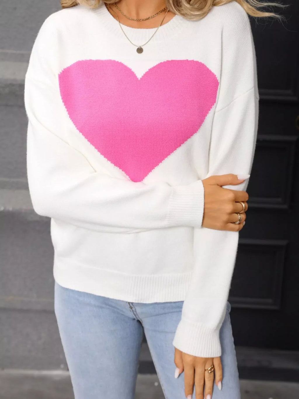 Valentine's Day Heart Round Neck Dropped Shoulder Sweater