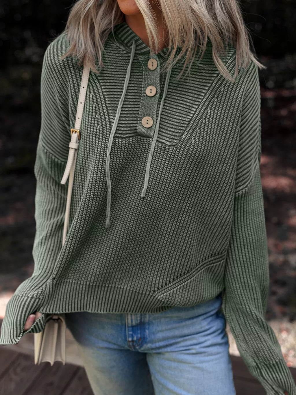 Mineral Wash Ribbed Knit Button Drawstring Neck Hooded Sweater