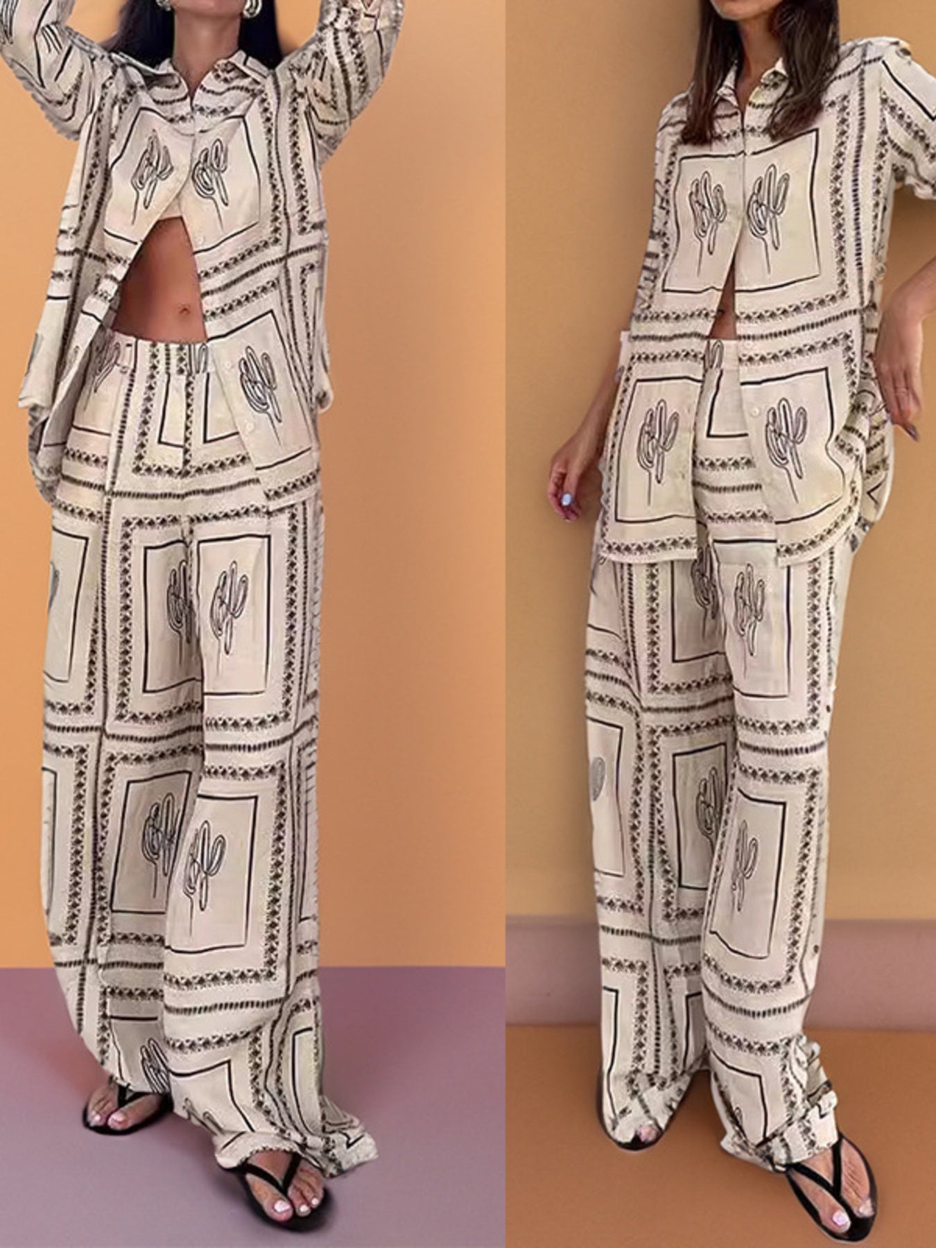 Cactus Print Button Up Shirt and Pants Set