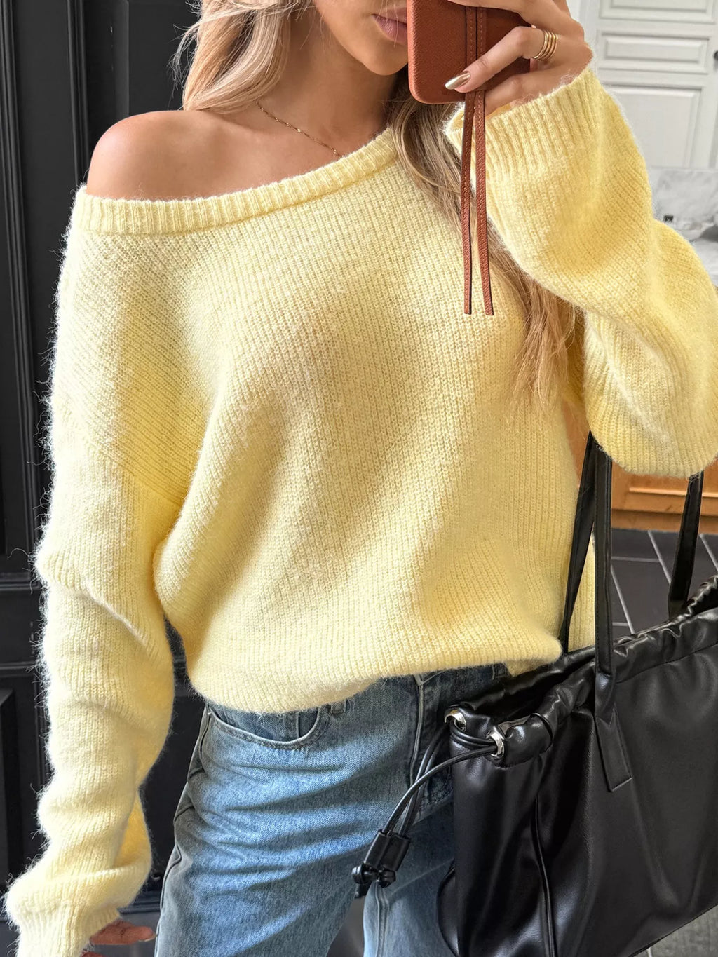 One Shoulder Ribbed Knit Sweater