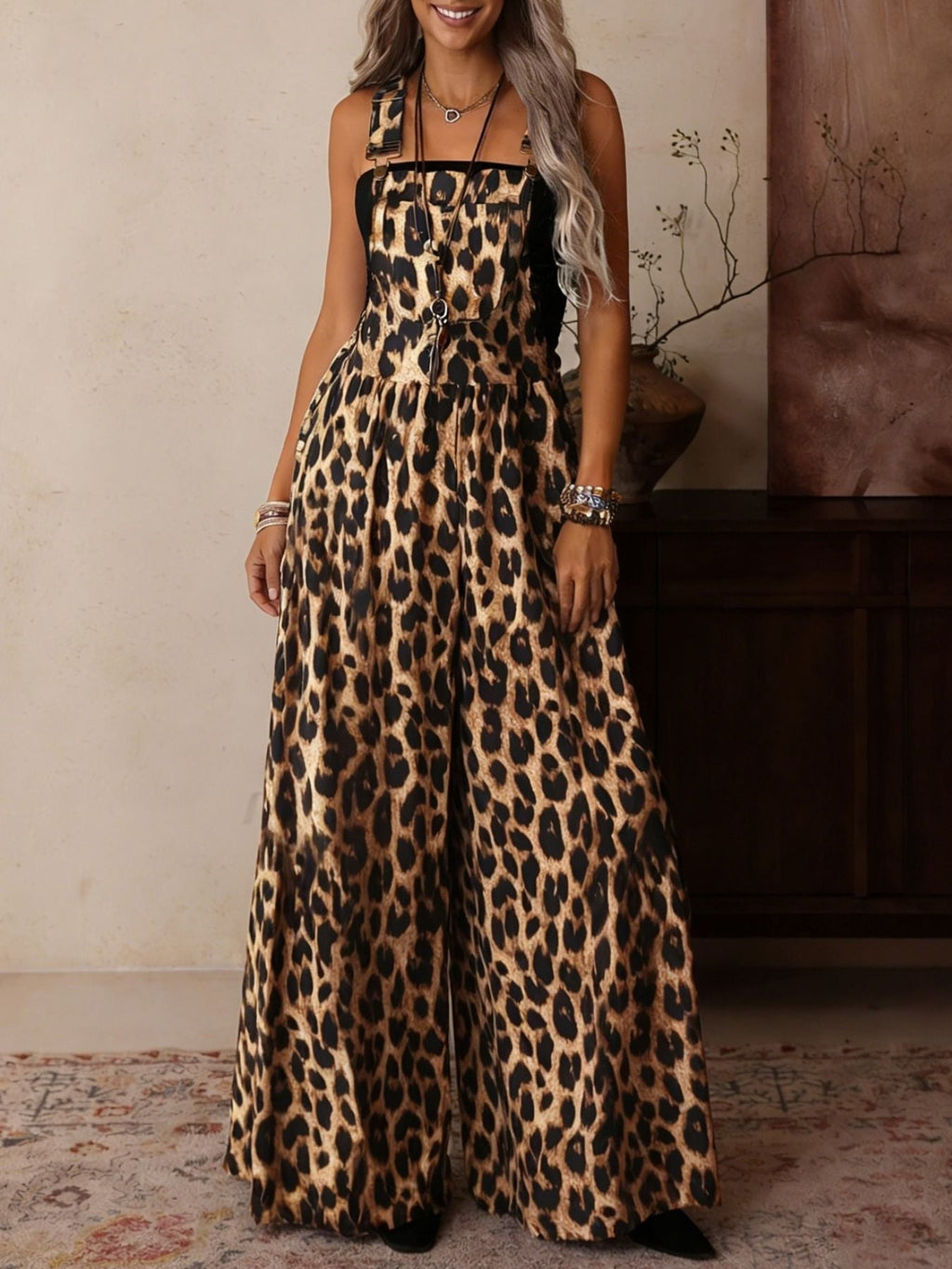 Leopard Print Wide Leg Overalls