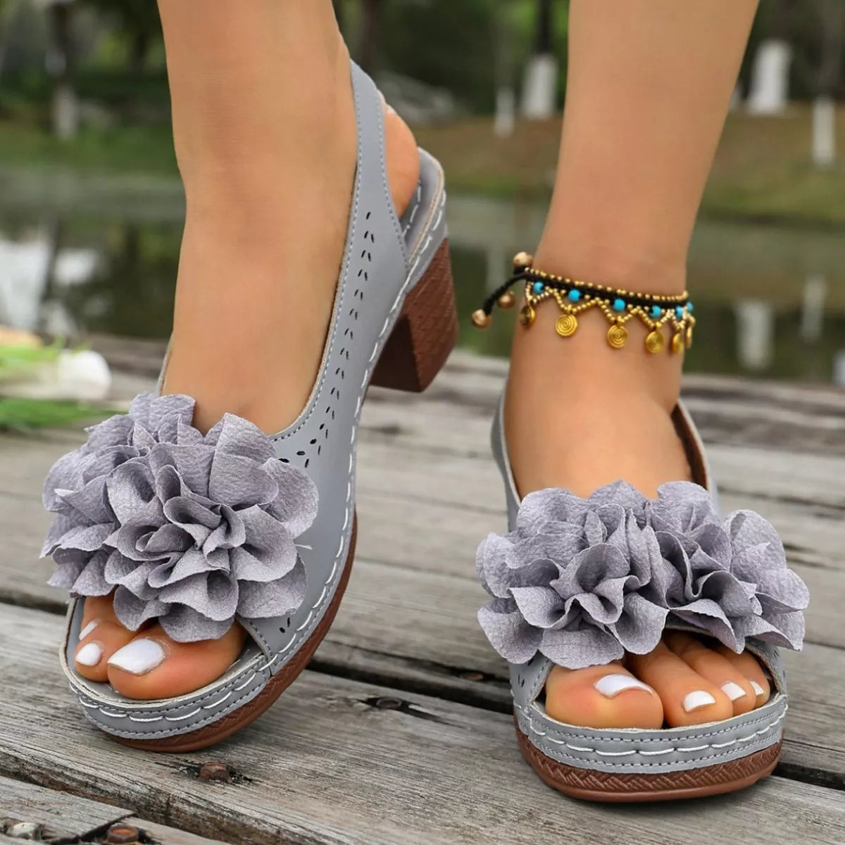 Floral Decor Chunky Heel Sandals
