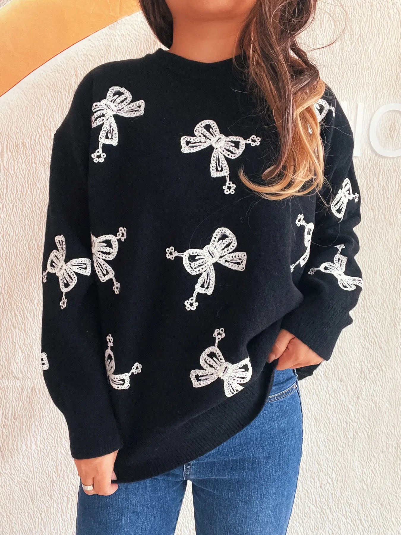 Bow Round Neck Long Sleeve Sweater