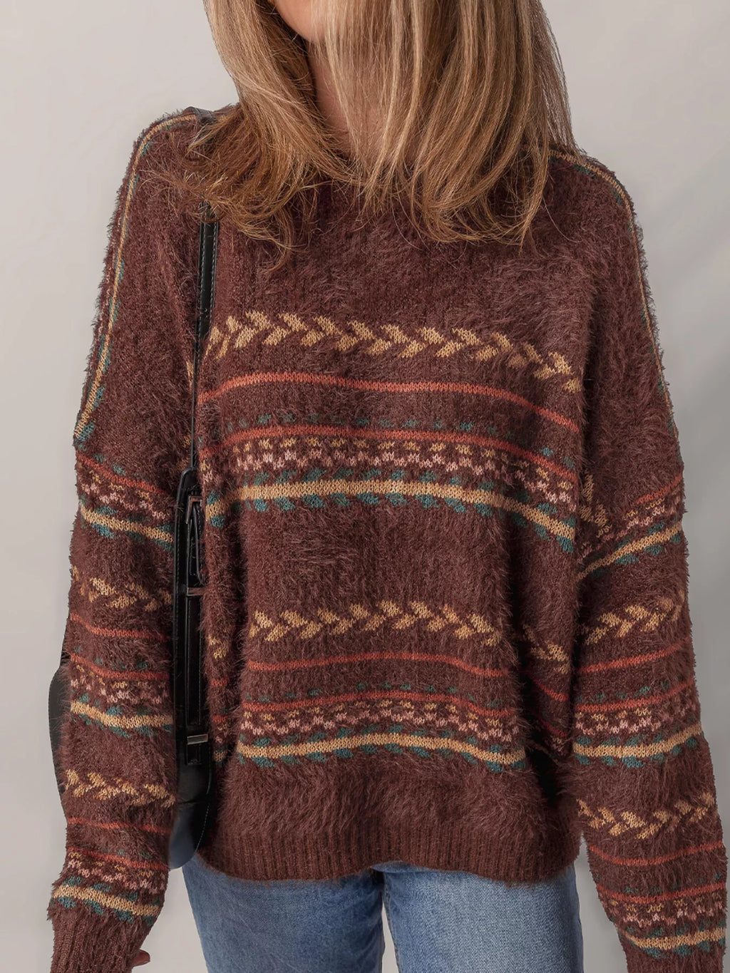 Ethnic Pattern Mohair Knitted Drop Shoulder Sweater