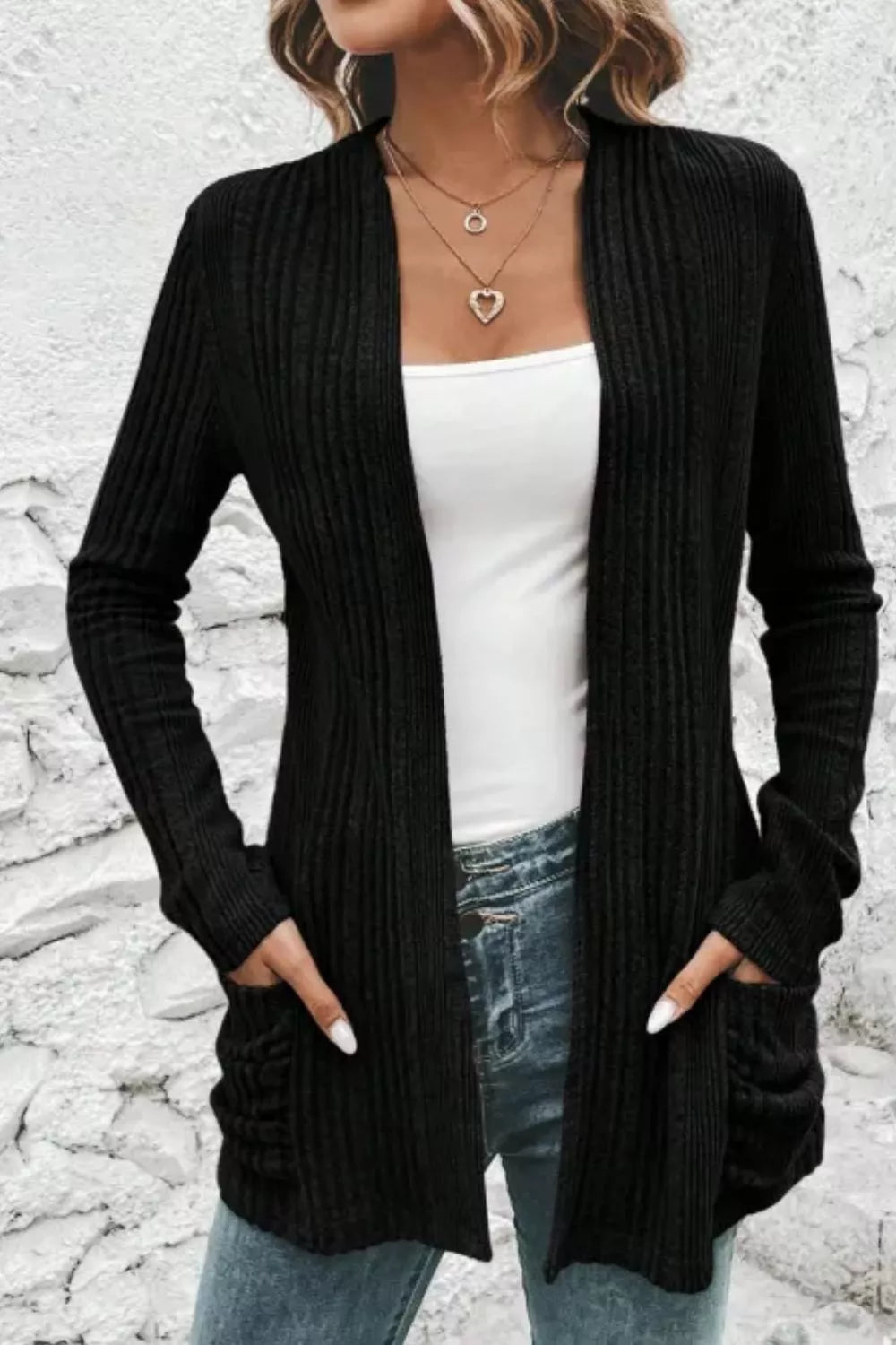 Ribbed Knit Open Front Cardigan with Pockets