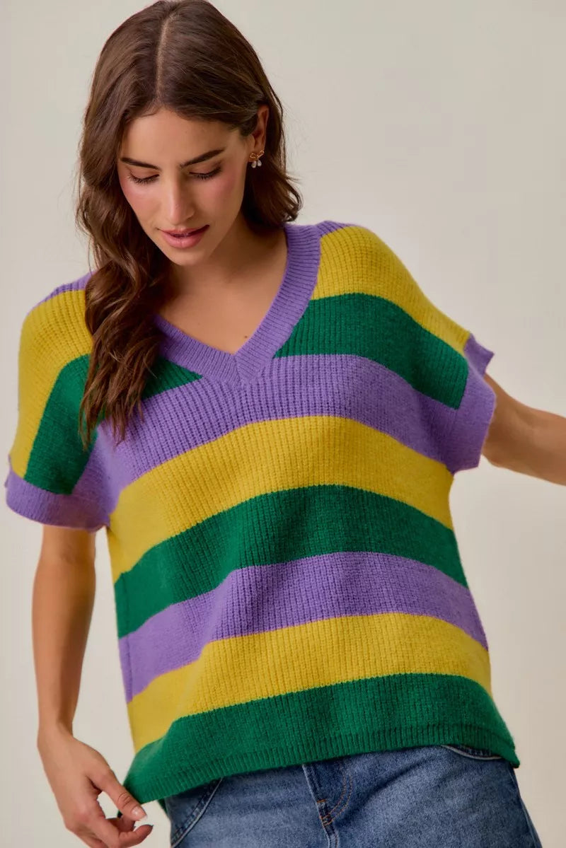 SO ME Mardi Gras Loose Fit V Neck Stripe Sweater Top