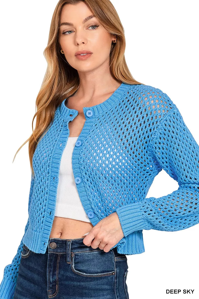 Zenana Button Down Lightweight Crochet Cardigan Sweater