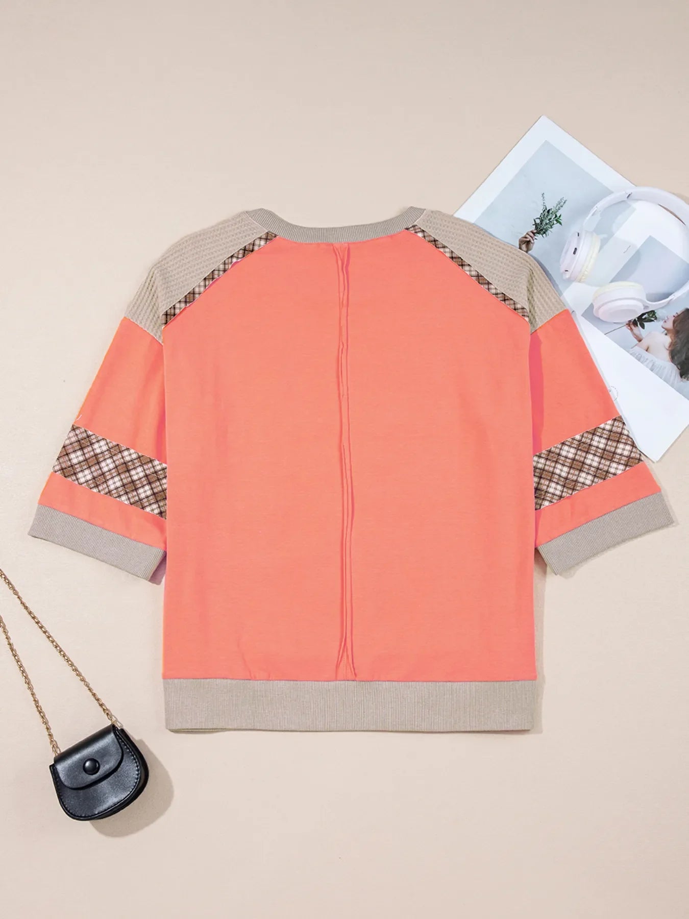 Plaid Waffle Flower Patchwork Contrast Top