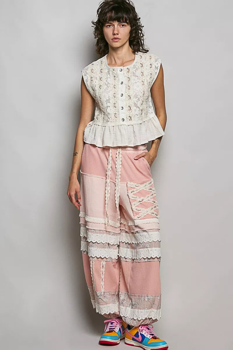 POL Round Neck Lace Sleeveless Top with Double Gauze Ruffle