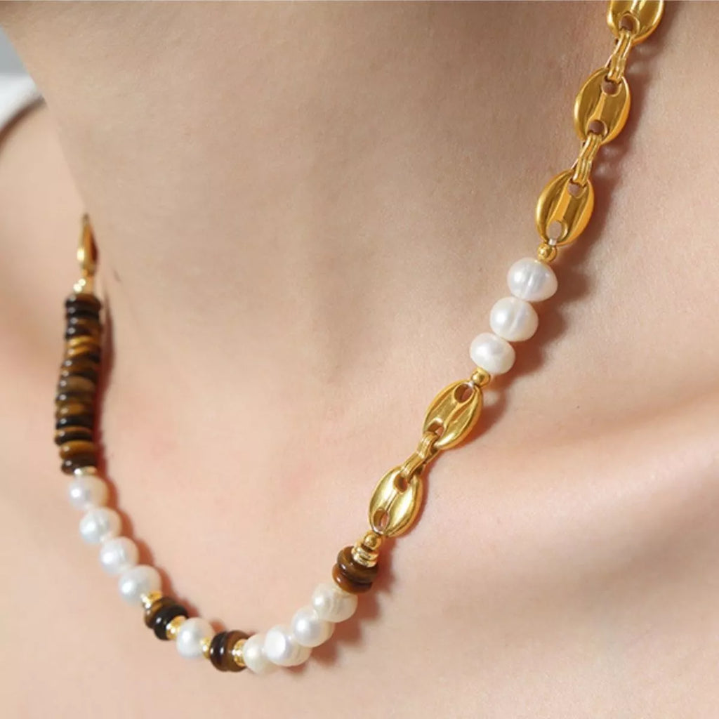 Tiger's Eye Freshwater Pearl 18K Gold-Plated Bead Necklace