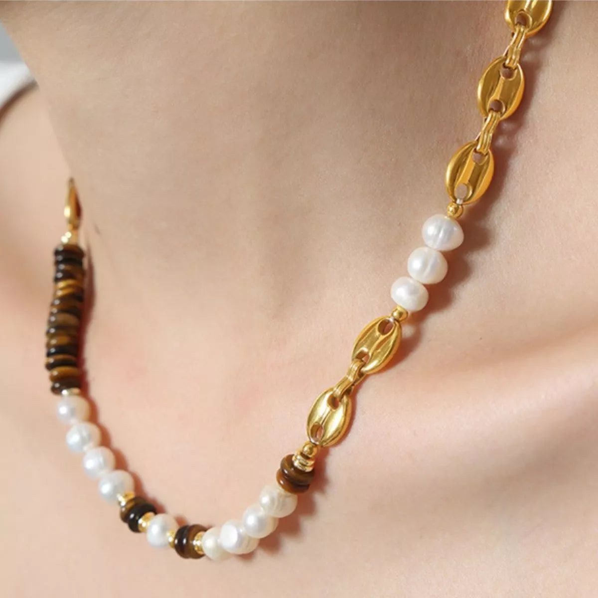 Tiger's Eye Freshwater Pearl 18K Gold-Plated Bead Necklace