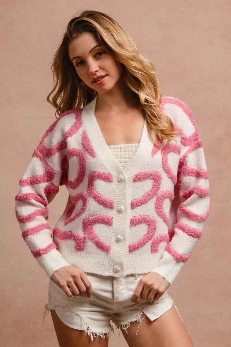 BiBi Textured Heart Buttoned V Neck Cardigan