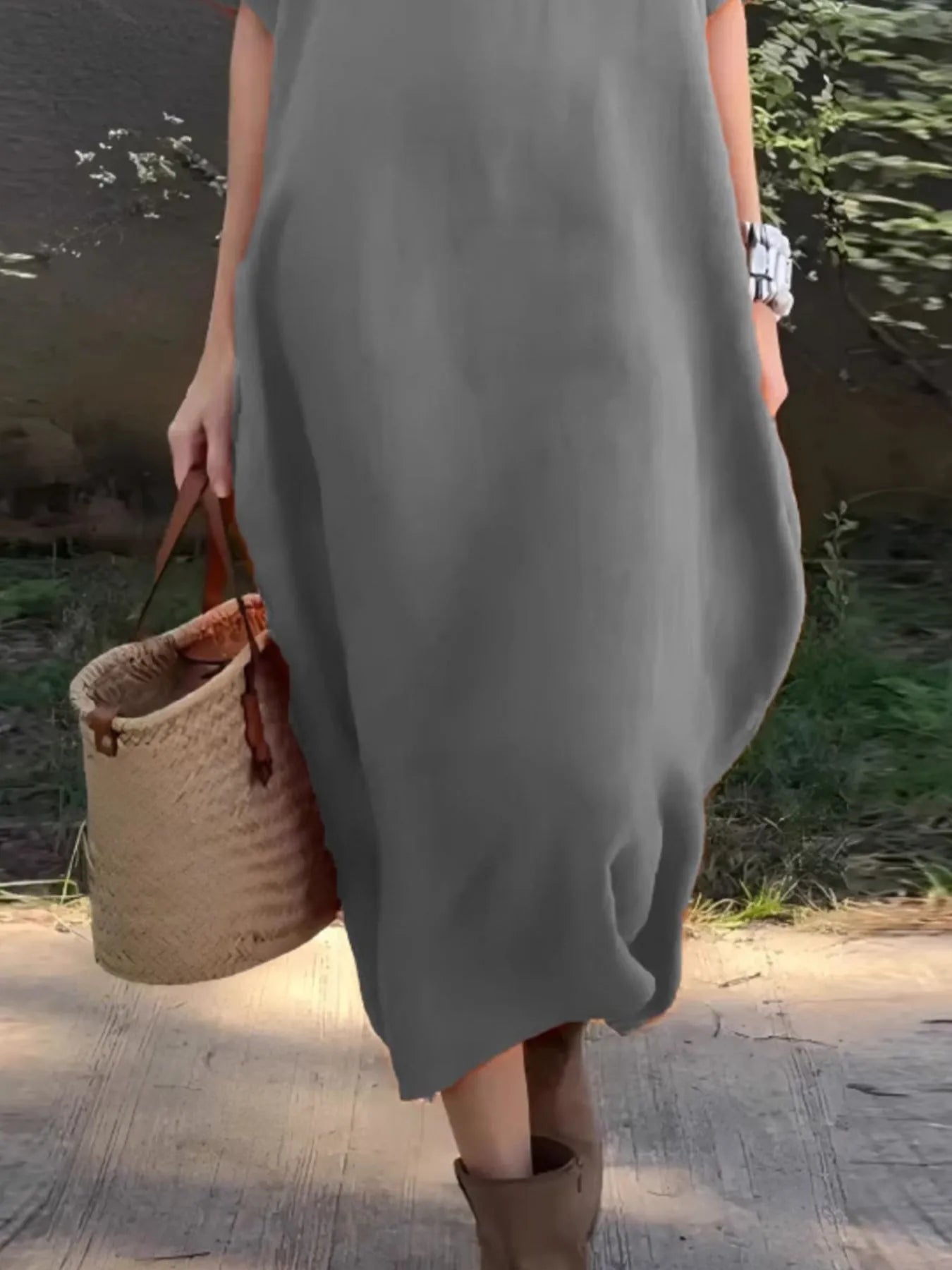 Full Size Casual Loose Fit Round Neck Midi Dress Plus Size