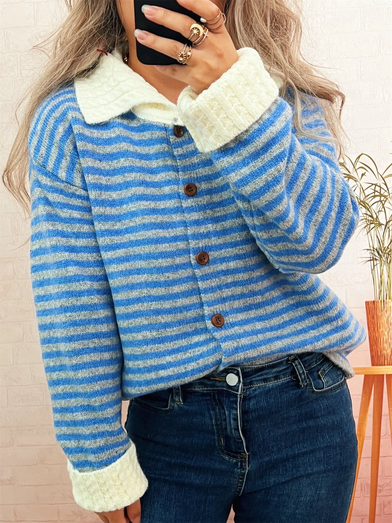 Striped Knit Button Down Cardigan with Collar