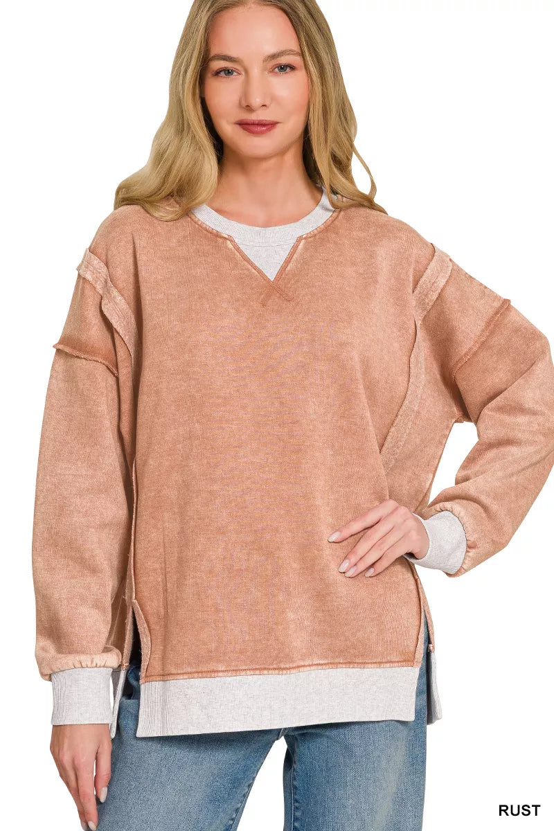 Zenana Fleece Acid Washed Contrast Trim Sweatshirt