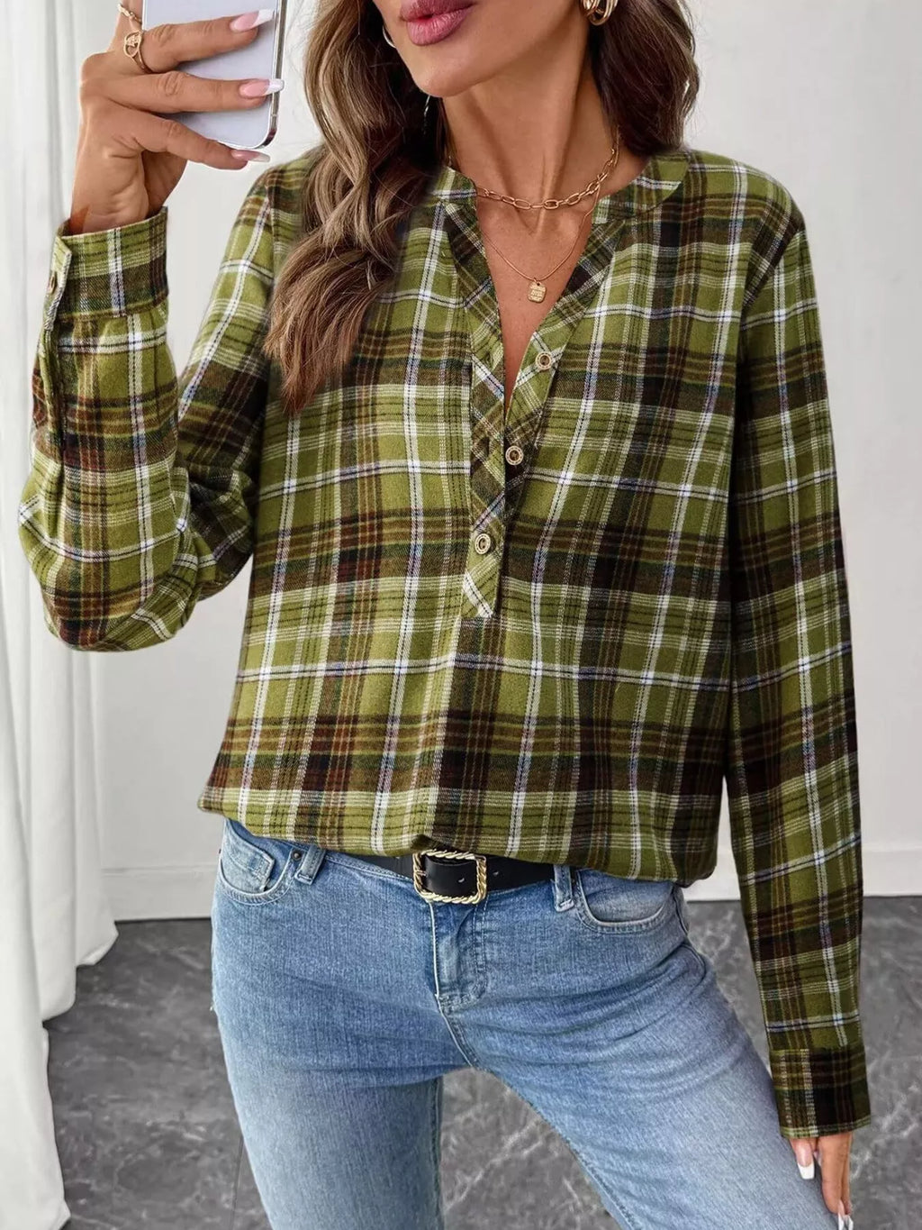 Plaid Half Button Long Sleeve Blouse