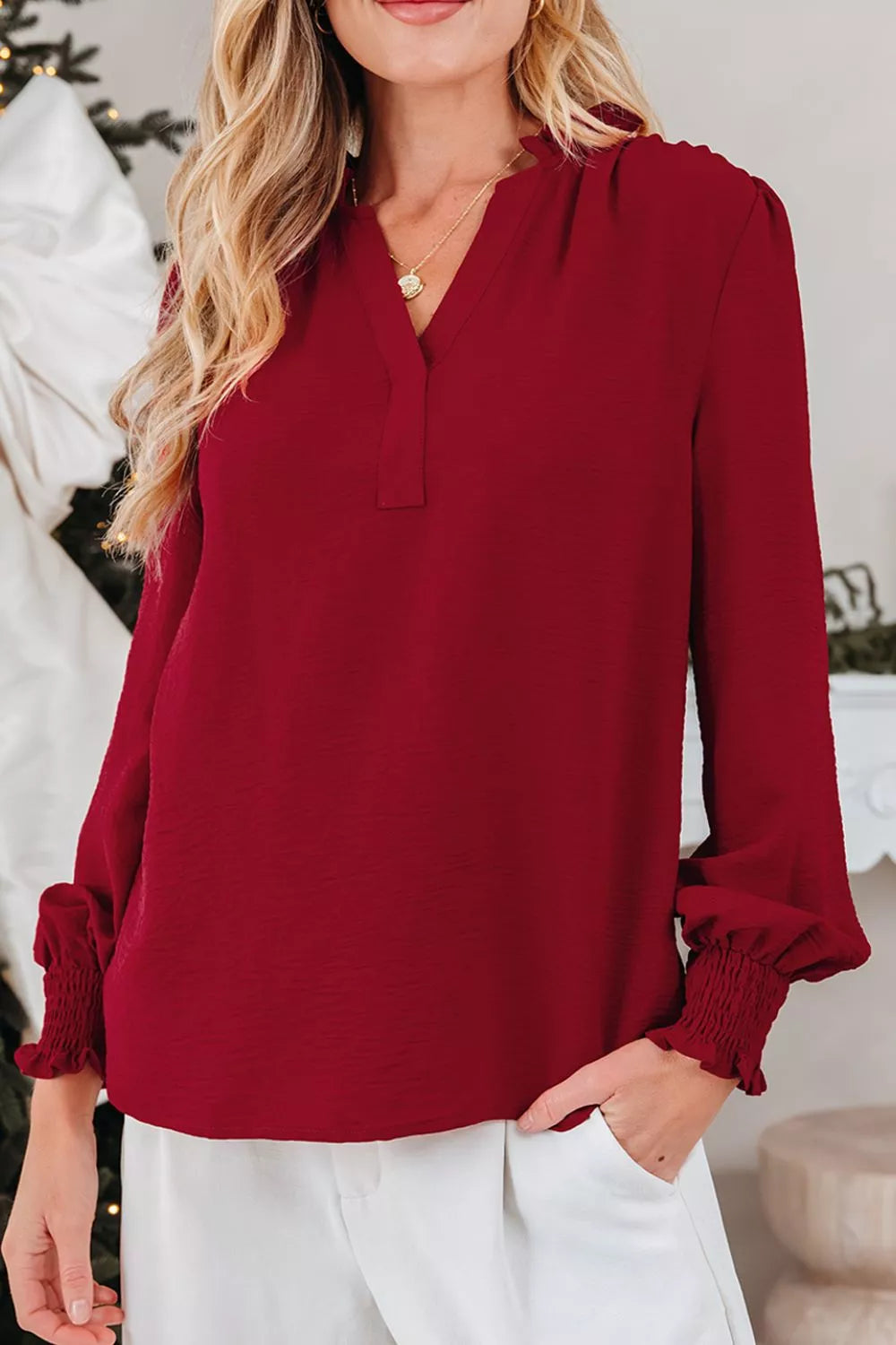 Notched Neck Shirred Cuff Long Sleeve Blouse