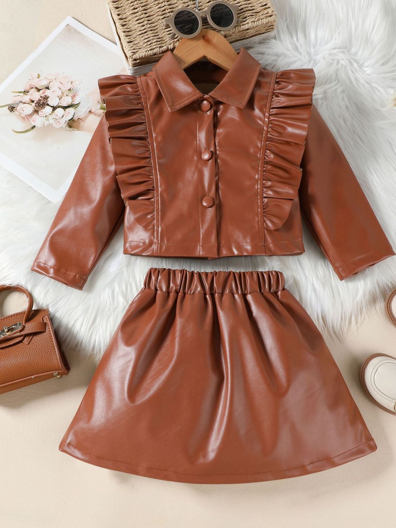 Children's Ruffled Faux Leather Top and Skirt Set