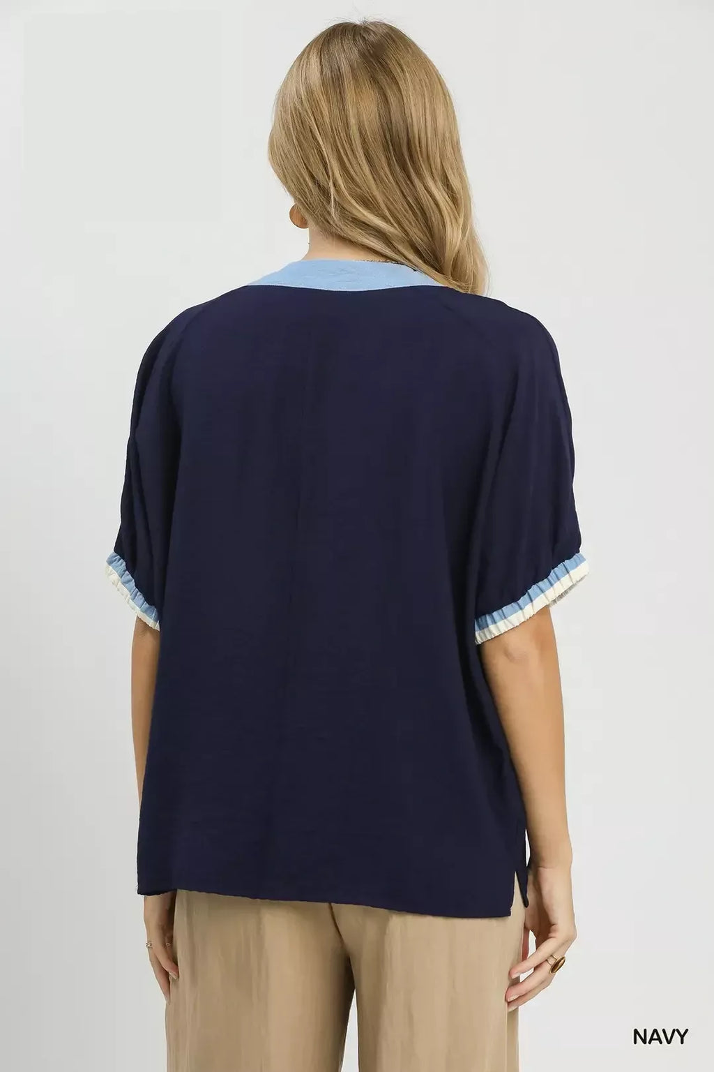 Umgee Embroidered Floral V-Neck Short Sleeve Blouse with Contrast Trim
