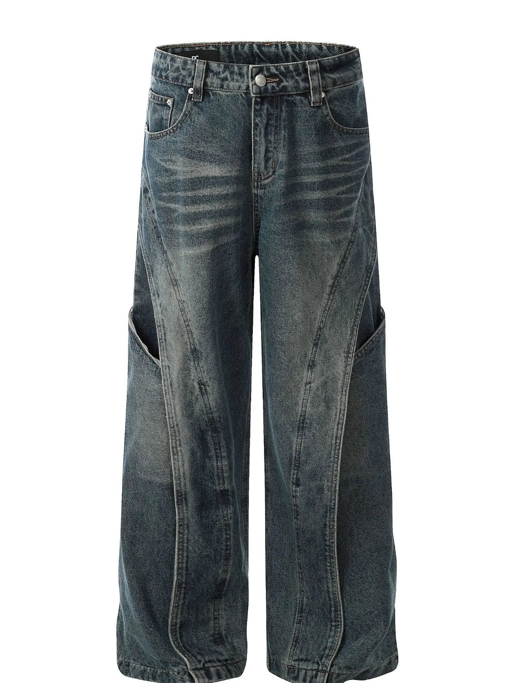 Men's Washed Straight Jeans with Unique Panel Design