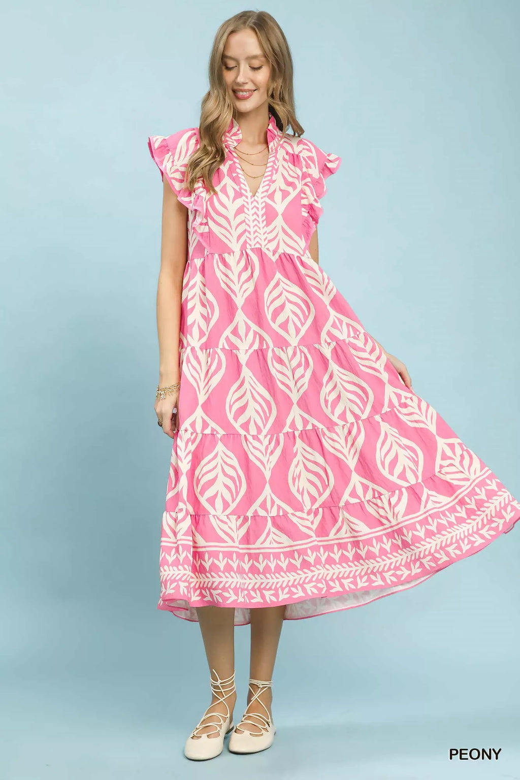Umgee Leaf Print Tiered Maxi Dress with Pockets