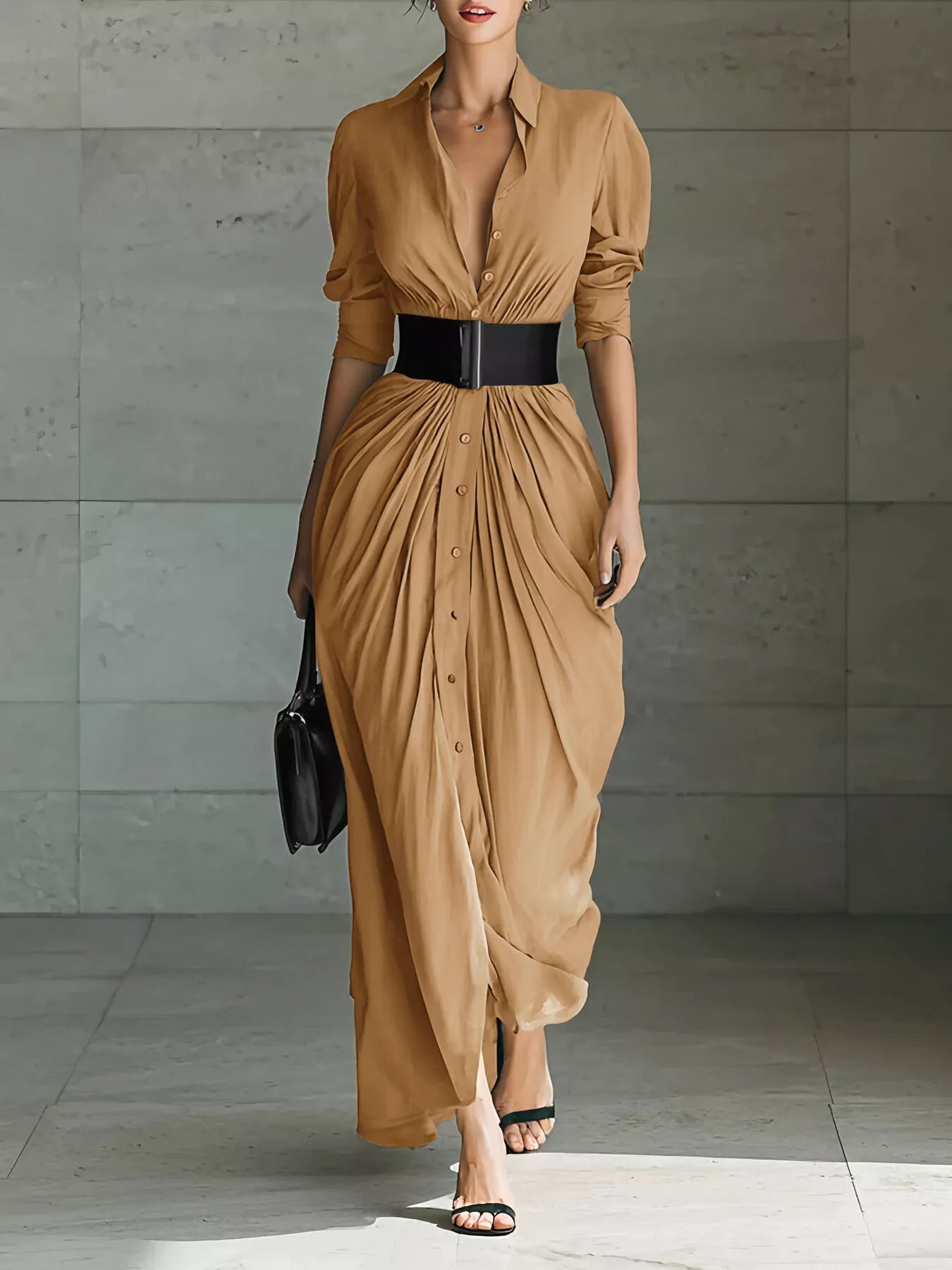 Full Size Button Front Ruched Shirt Maxi Dress Plus Size
