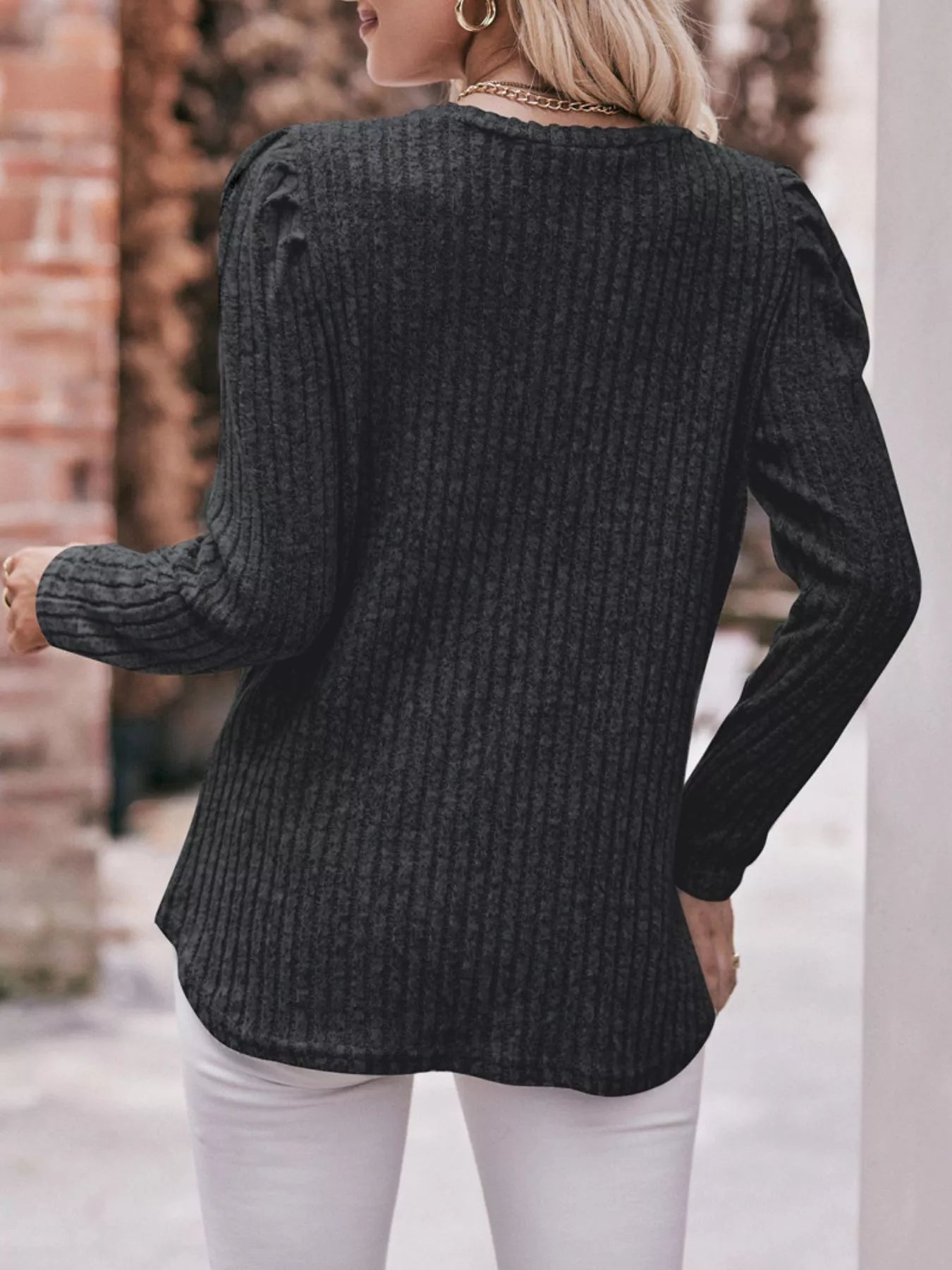 Ribbed Knit Puff Sleeve T-Shirt