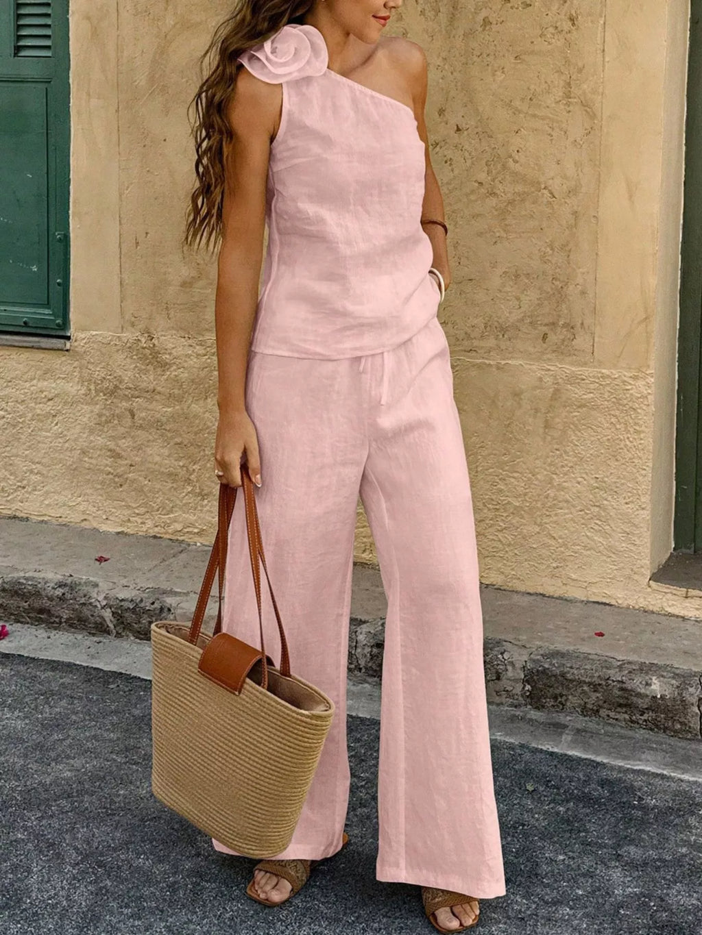 One-Shoulder Floral Embellished Top and Pants Set