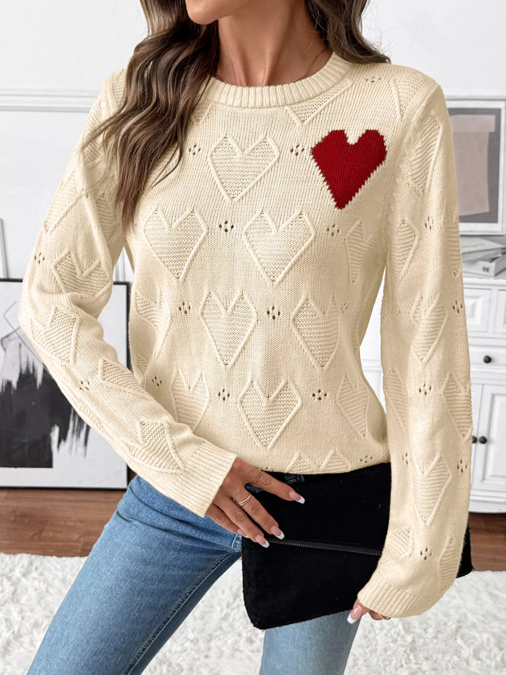 Openwork Heart Round Neck Sweater